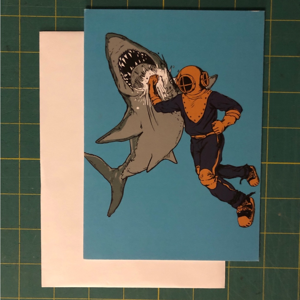 SharpShirter Deep Sea Diver vs Shark Art Card Vintage Sci-Fi